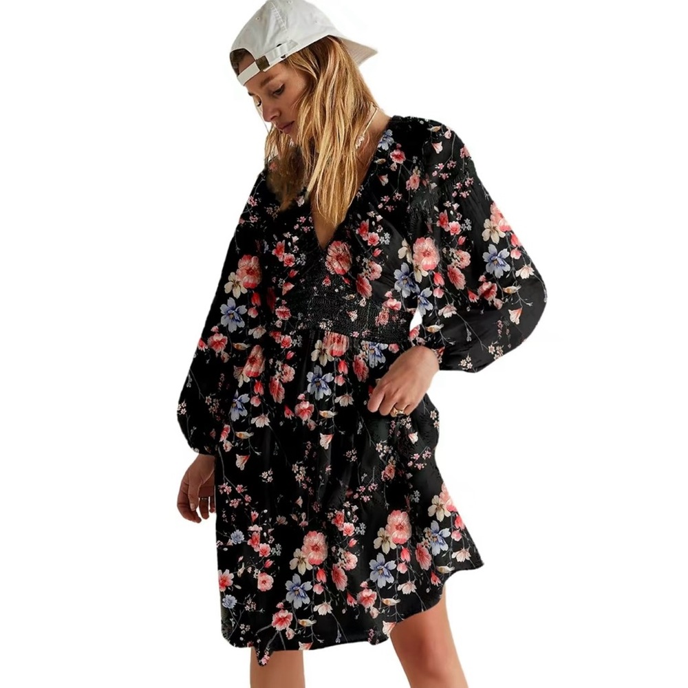 Elegant Floral Black Midi Dress